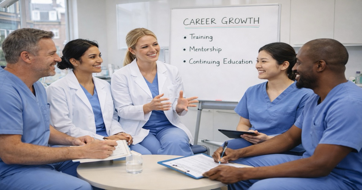 Diverse dental team in a meeting discussing career growth opportunities